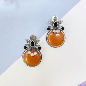 Orange Monalisa Oxidised Silver Stud Earrings for office everyday Wear
