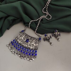 Oxidised Blue Stone Chain Necklace Earrings Set
