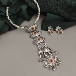 Oxidised Elephant Tie Hasli Necklace Earrings Set