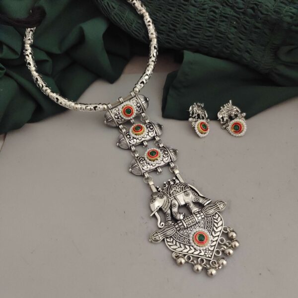 Oxidised Elephant Tie Hasli Necklace Earrings Set