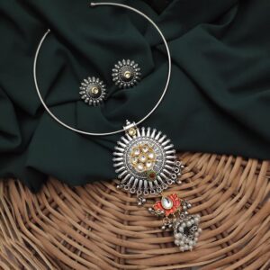 Oxidised Fusion Hasli Necklace Earrings Set-1