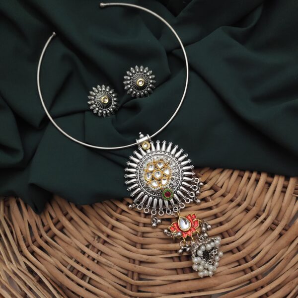 Oxidised Fusion Hasli Necklace Earrings Set-1