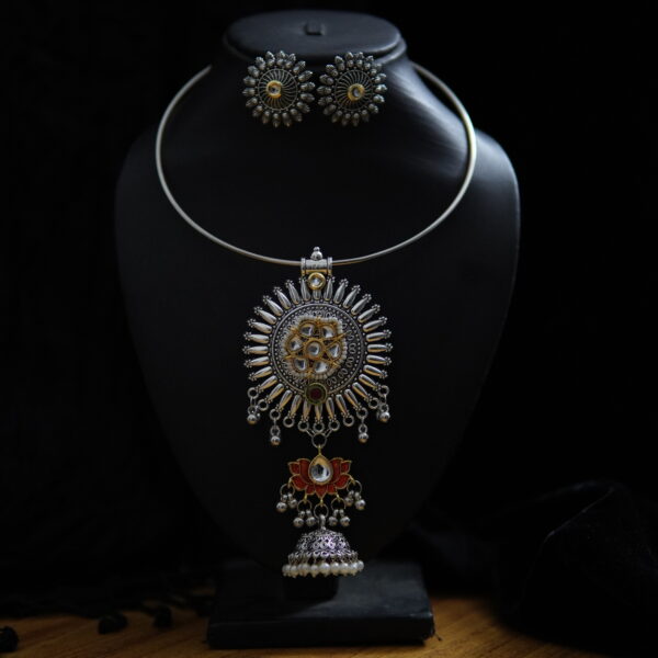 Oxidised Fusion Hasli Necklace Earrings Set-1 - Image 2