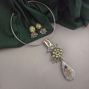 Oxidised Fusion Hasli Necklace Earrings Set-2