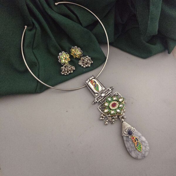 Oxidised Fusion Hasli Necklace Earrings Set-2