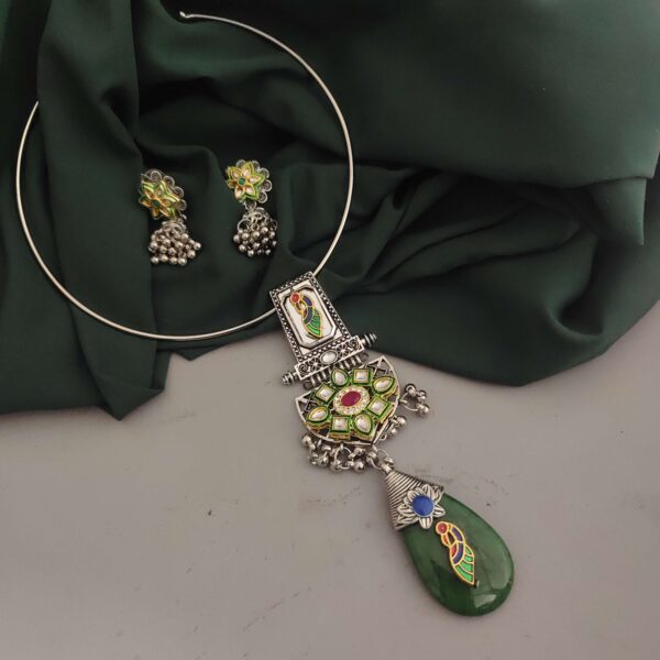 Oxidised Fusion Hasli Necklace Earrings Set-2 - Image 2