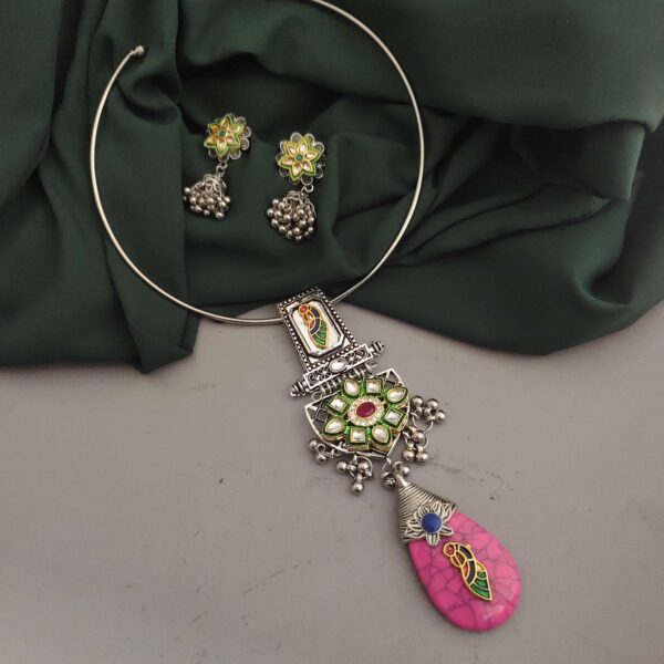 Oxidised Fusion Hasli Necklace Earrings Set-2 - Image 3