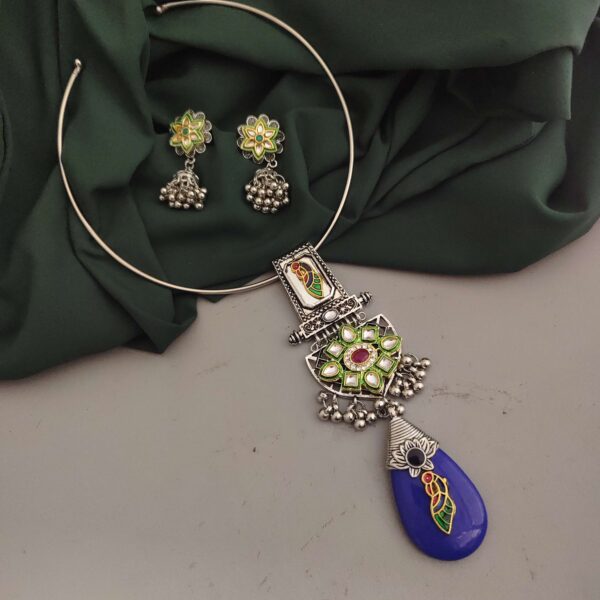 Oxidised Fusion Hasli Necklace Earrings Set-2 - Image 4