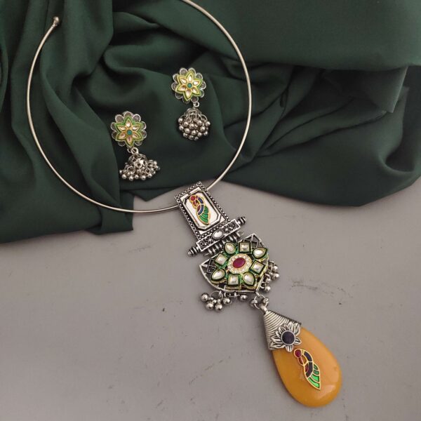Oxidised Fusion Hasli Necklace Earrings Set-2 - Image 6