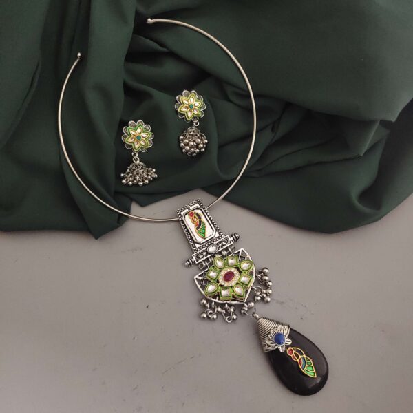 Oxidised Fusion Hasli Necklace Earrings Set-2 - Image 7