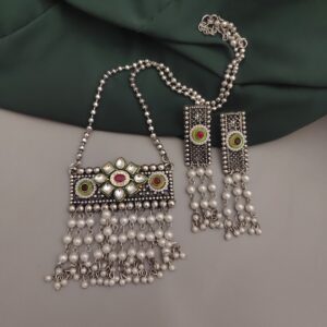 Oxidised Fusion Long Chain Necklace Earrings Set-1
