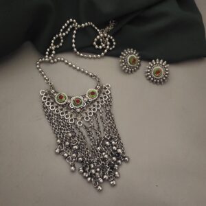 Oxidised Fusion Long Chain Necklace Earrings Set-2