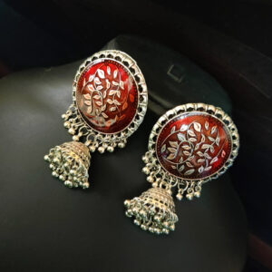 Oxidised German Silver Red Ethnic Meenakari Jhumka Earrings