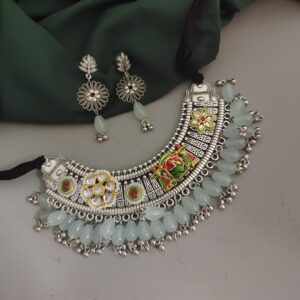 Oxidised Glass Beads Hasli Choker Necklace Earrings Set