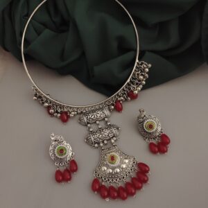 Oxidised Glass Beads Hasli Necklace Earrings Set