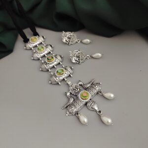 Oxidised Glass Beads Tie Necklace Earrings Set