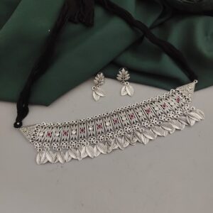 Oxidised Leaf Choker Necklace Earrings Set