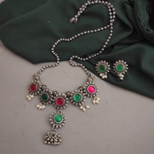 Oxidised Long Multi Chain Necklace Earrings Set