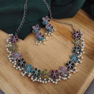 Oxidised Multicolour Choker Necklace Earrings Set