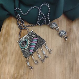 Oxidised Peacock Chain Necklace Earrings Set