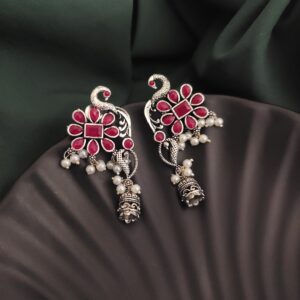 Oxidised Peacock Jhumki Earrings