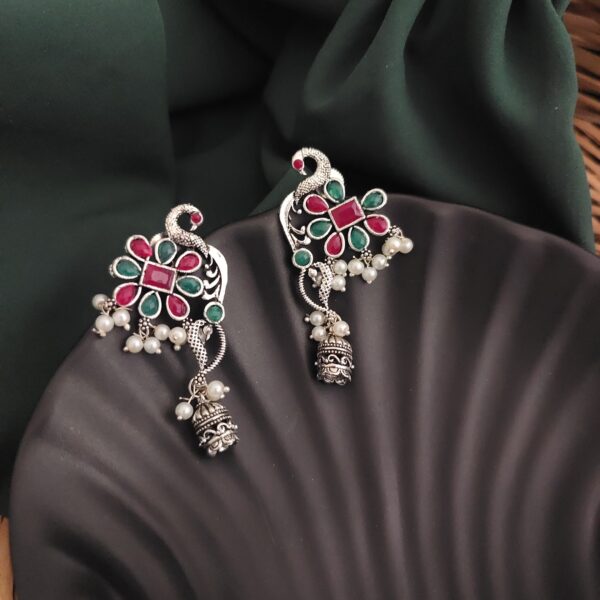 Oxidised Peacock Jhumki Earrings - Image 2