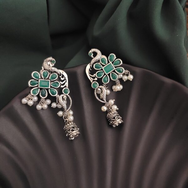 Oxidised Peacock Jhumki Earrings - Image 3
