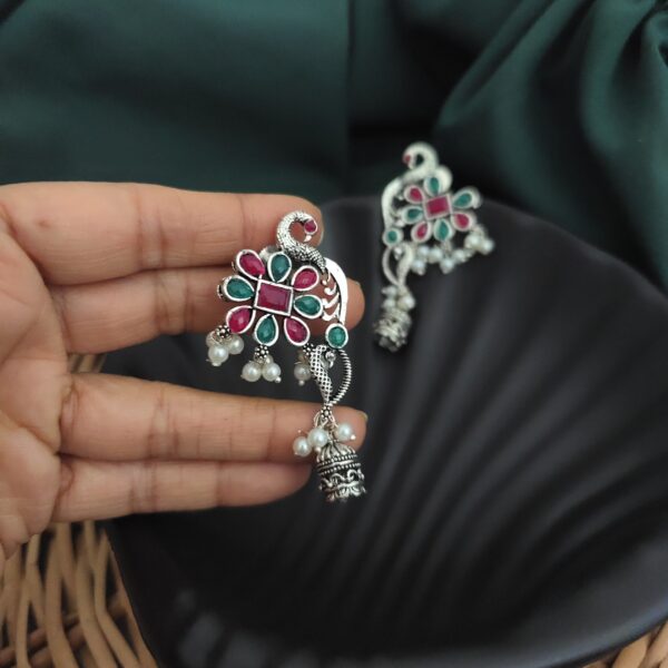 Oxidised Peacock Jhumki Earrings - Image 5
