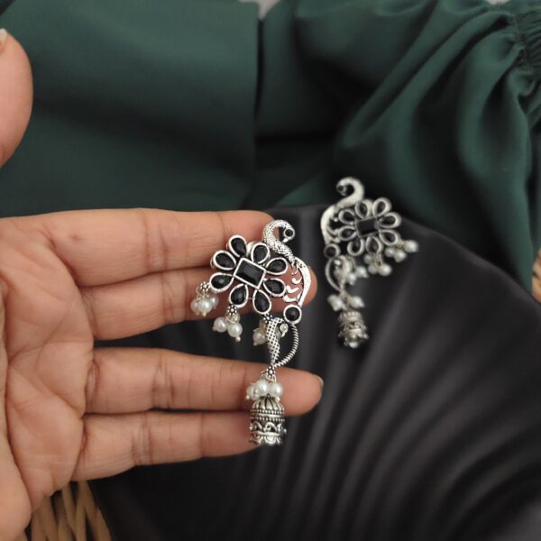 Oxidised Peacock Jhumki Earrings - Image 6