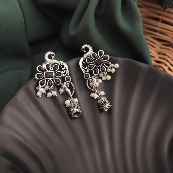 Oxidised Peacock Jhumki Earrings - Image 7