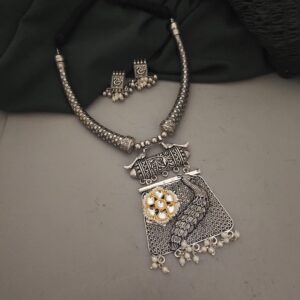 Oxidised Peacock Traditional Hasli Necklace Earrings Set