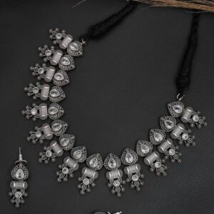 Oxidised Silver AD Studded Banjara Necklace Set for Women
