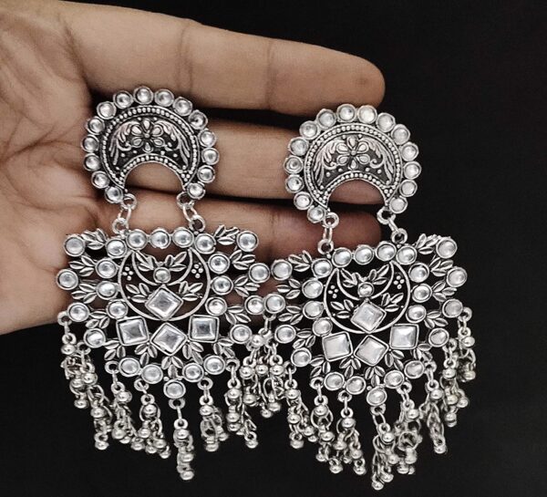 Oxidised Silver Chandbali Dangle Earrings - Image 5