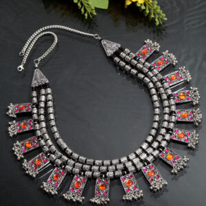 Oxidised Silver Elegance Womens Pink Crystal Pearl Necklace Set