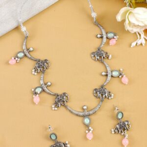 Oxidised Silver Elephant Pattern Pink-Mint Green Drops Jewelry Set for Women