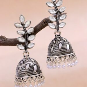 Oxidised Silver Fashionable Leaf Design Silver Oxidised Earrings for Women