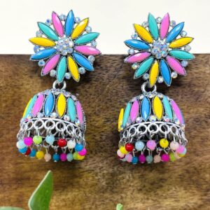 Oxidised Silver Floral Multicolor Jhumka Earrings for Women & Girls