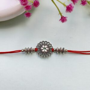 Oxidised Silver Floral Rakhi for Brothers - Handcrafted Spiritual Charm