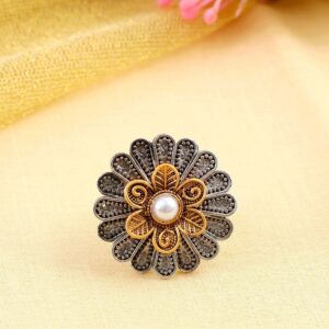 Oxidised Silver Flower Shape Adjustable Ring for Girls