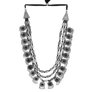 Oxidised Silver Glamour Multilayer Statement Necklace & Earring Set for Modern Fashion