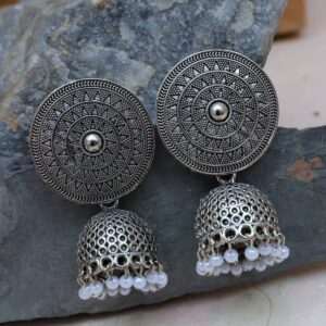 Oxidised Silver Jhumka Earrings - German Silver Round Design For Women and Girls