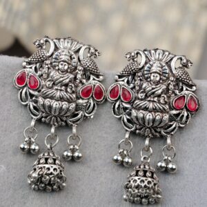 Oxidised Silver Jhumka Earrings Traditional Indian Goddess Laxmi Design for Red Saree Matching Jewellery