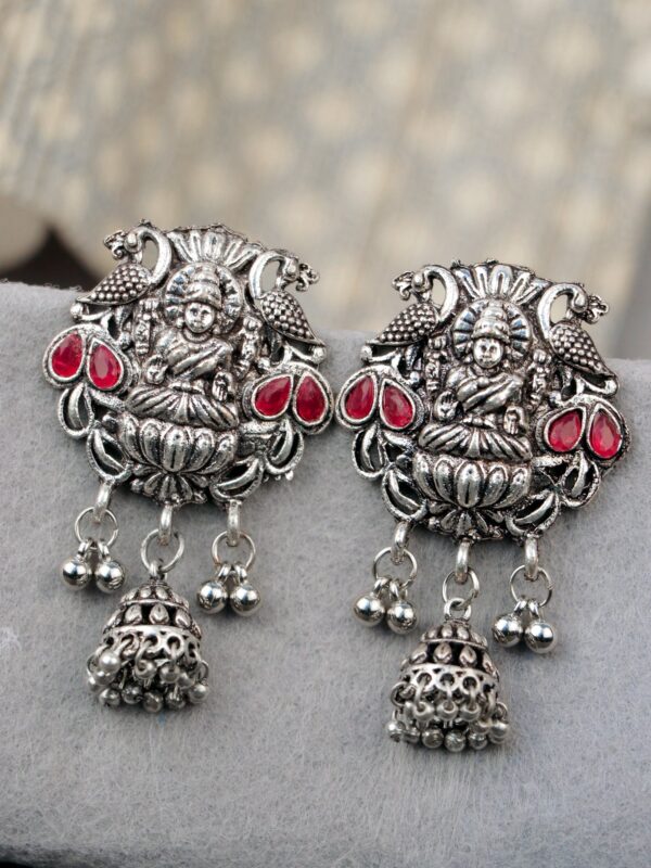 Oxidised Silver Jhumka Earrings Traditional Indian Goddess Laxmi Design for Red Saree Matching Jewellery