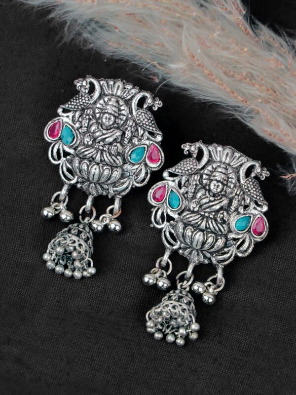 Oxidised Silver Jhumka Earrings Traditional Indian Goddess Laxmi Design for Red Saree Matching Jewellery - Image 2