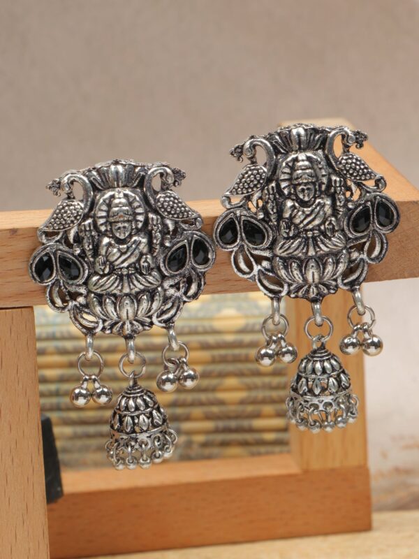 Oxidised Silver Jhumka Earrings Traditional Indian Goddess Laxmi Design for Red Saree Matching Jewellery - Image 3
