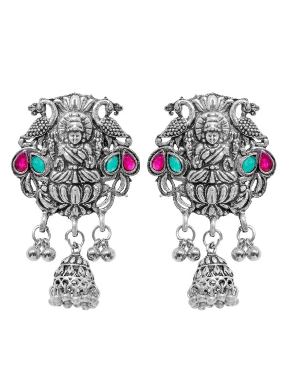Oxidised Silver Jhumka Earrings Traditional Indian Goddess Laxmi Design for Red Saree Matching Jewellery - Image 4