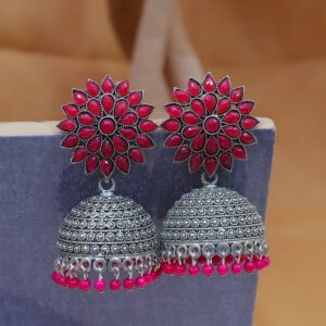 Oxidised Silver Jhumka Earrings for Women - Royal Pink Floral Design