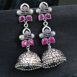 Oxidised Silver Jhumka Earrings for Women with Pink Stones