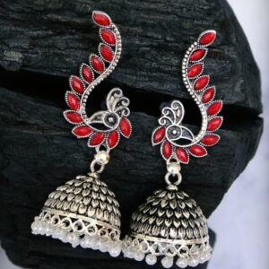 Oxidised Silver Jhumka Earrings with Red Peacock Motif for Women and Girls