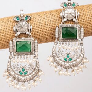 Oxidised Silver Long Danglers - Green Ethnic Earrings for Women with Pearls